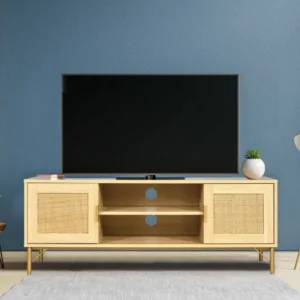 Móvel de TV com 2 portas Mandelieu L120cm Madeira clara e Rattan com Suporte para Headset