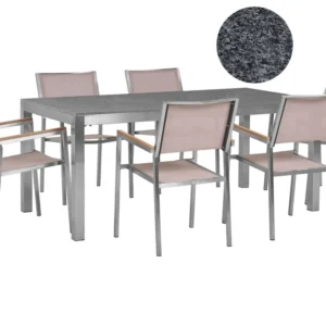 Conjunto de mesa com tampo granito polido cinzento 180 x 90 cm e 6 cadeiras creme GROSSETO | Resistente às Intempéries