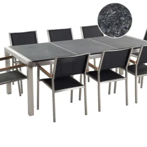 Conjunto de mesa com tampo triplo granito flameado preto 220 x 100 cm e 8 cadeiras pretas GROSSETO em Madeira de Eucalipto