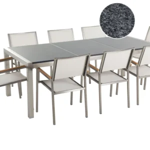 Conjunto de mesa com tampo triplo granito polido cinzento 220 x 100 cm e 8 cadeiras brancas GROSSETO em Madeira de Eucalipto