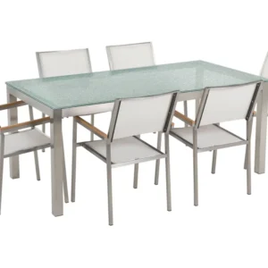 Conjunto de mesa com tampo em vidro temperado 180 x 90 cm e 6 cadeiras brancas GROSSETO para Churrasqueiras e Áreas de Lazer