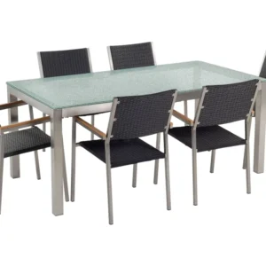 Conjunto de mesa com tampo em vidro temperado 180 x 90 cm e 6 cadeiras rattan sintético GROSSETO para Churrasqueiras e Áre...
