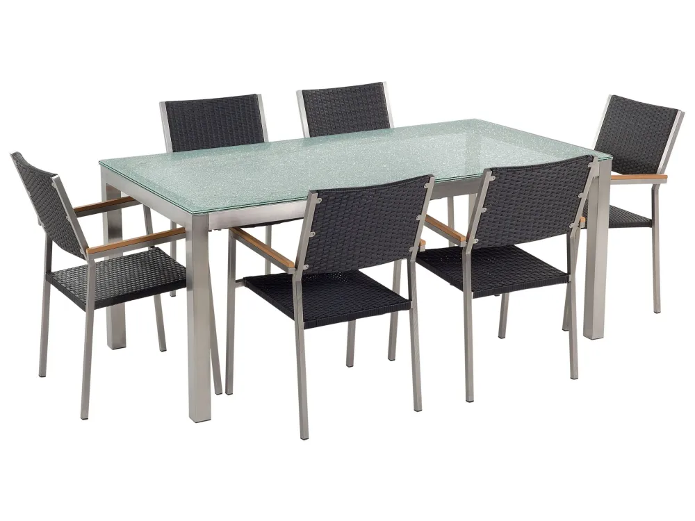 Conjunto de mesa com tampo em vidro temperado 180 x 90 cm e 6 cadeiras rattan sintético GROSSETO para Churrasqueiras e Áre...