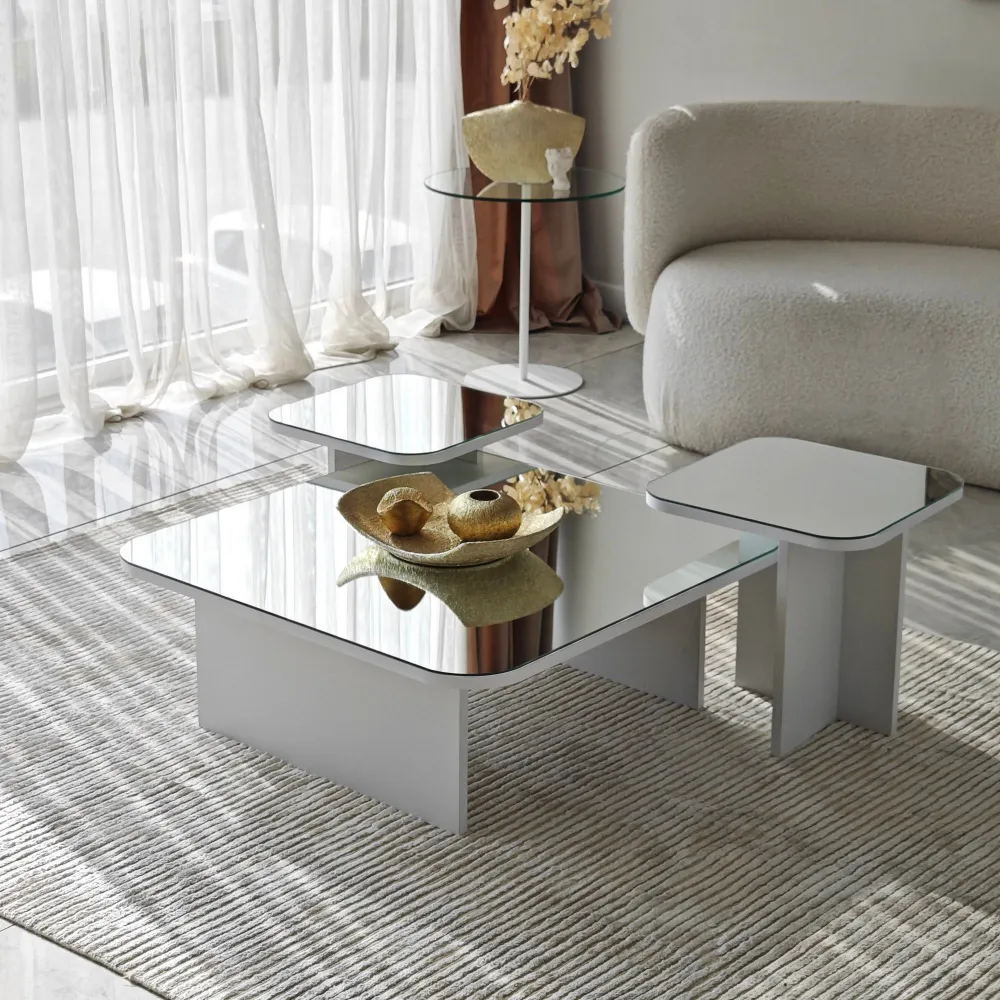 Conjunto de 3 mesas de centro empilháveis de design com tampo espelhado Niras Branco | Resistente às Intempéries