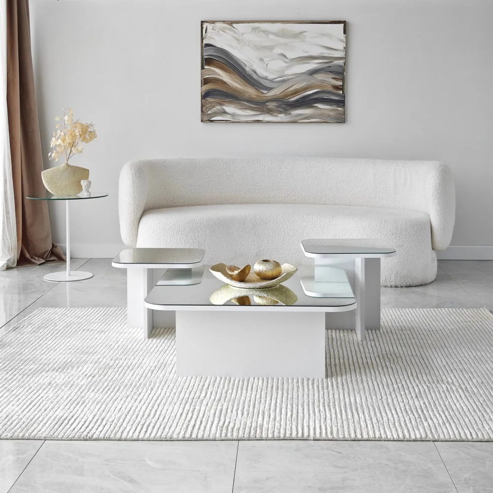 Conjunto de 3 mesas de centro empilháveis de design com tampo espelhado Niras Branco | Resistente às Intempéries