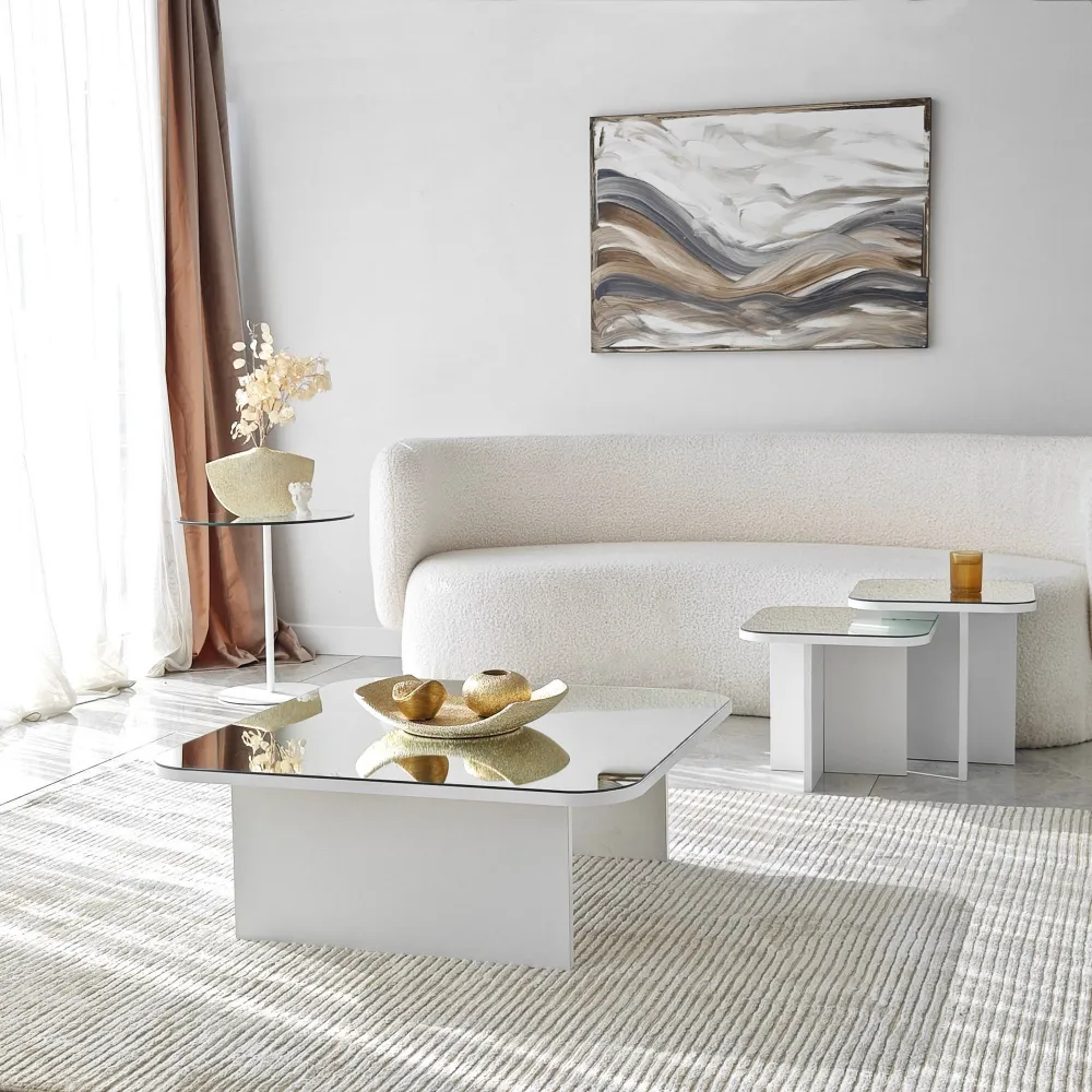 Conjunto de 3 mesas de centro empilháveis de design com tampo espelhado Niras Branco | Resistente às Intempéries