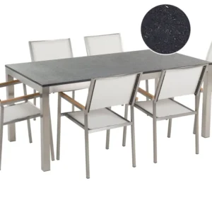 Mesa de Bistrô Conjunto de mesa com tampo granito polido preto 180 x 90 cm e 6 cadeiras brancas GROSSETO