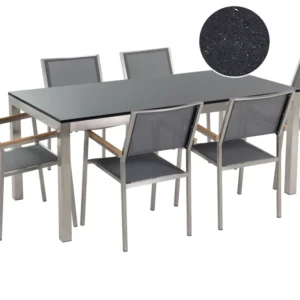 Mesa de Bistrô Conjunto de mesa com tampo granito polido preto 180 x 90 cm e 6 cadeiras cinzentas GROSSETO