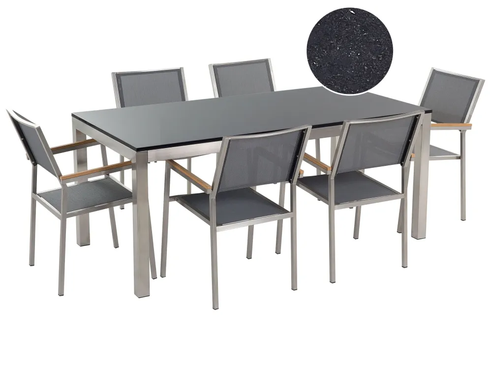 Mesa de Bistrô Conjunto de mesa com tampo granito polido preto 180 x 90 cm e 6 cadeiras cinzentas GROSSETO