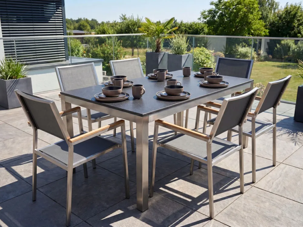 Mesa de Bistrô Conjunto de mesa com tampo granito polido preto 180 x 90 cm e 6 cadeiras cinzentas GROSSETO