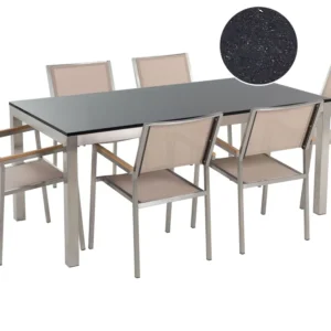 Mesa de Bistrô Conjunto de mesa com tampo granito polido preto 180 x 90 cm e 6 cadeiras creme GROSSETO