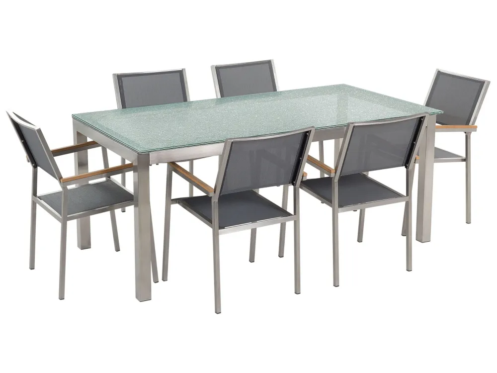 Mesa de Canto para Conjunto de mesa com tampo em vidro temperado 180 x 90 cm e 6 cadeiras cinzentas GROSSETO