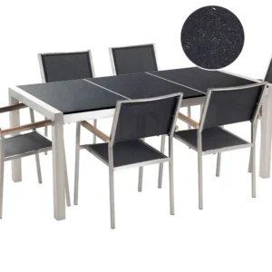 Mesa de Canto para Conjunto de mesa com tampo triplo granito polido preto 180 x 90 cm e 6 cadeiras pretas GROSSETO