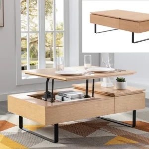 Mesa de centro com tampo elevatório e 1 gaveta em MDF e metal integral claro - DALAHO
