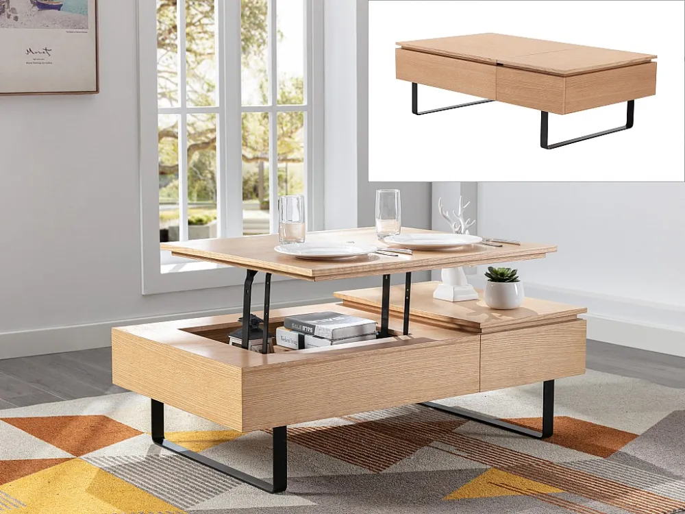 Mesa de centro com tampo elevatório e 1 gaveta em MDF e metal integral claro - DALAHO