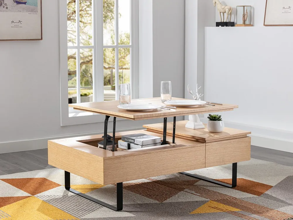 Mesa de centro com tampo elevatório e 1 gaveta em MDF e metal integral claro - DALAHO