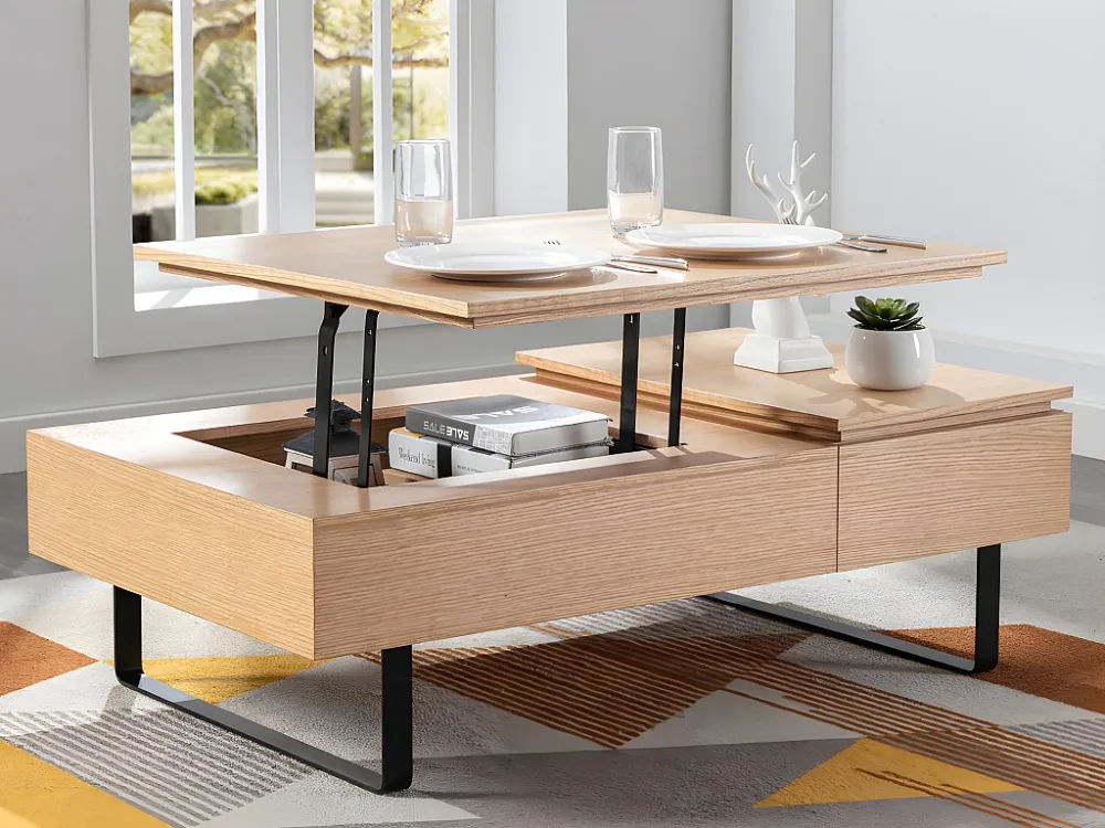 Mesa de centro com tampo elevatório e 1 gaveta em MDF e metal integral claro - DALAHO