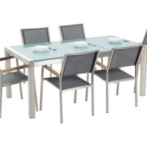 Mesa de Centro para Conjunto de mesa com tampo triplo vidro temperado 180 x 90 cm e 6 cadeiras cinzentas GROSSETO