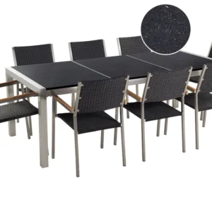 Mesa de Centro para Conjunto de mesa com tampo triplo granito polido preto 220 x 100 cm e 8 cadeiras rattan sintético GROS...