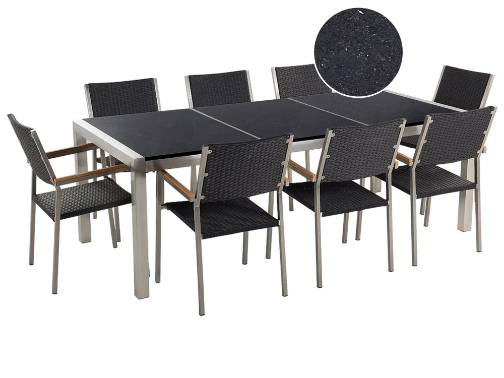 Mesa de Centro para Conjunto de mesa com tampo triplo granito polido preto 220 x 100 cm e 8 cadeiras rattan sintético GROS...