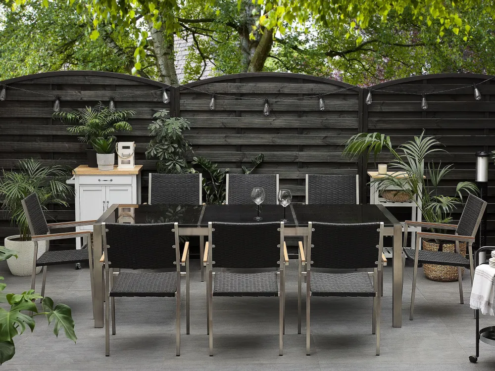 Mesa de Centro para Conjunto de mesa com tampo triplo granito polido preto 220 x 100 cm e 8 cadeiras rattan sintético GROS...