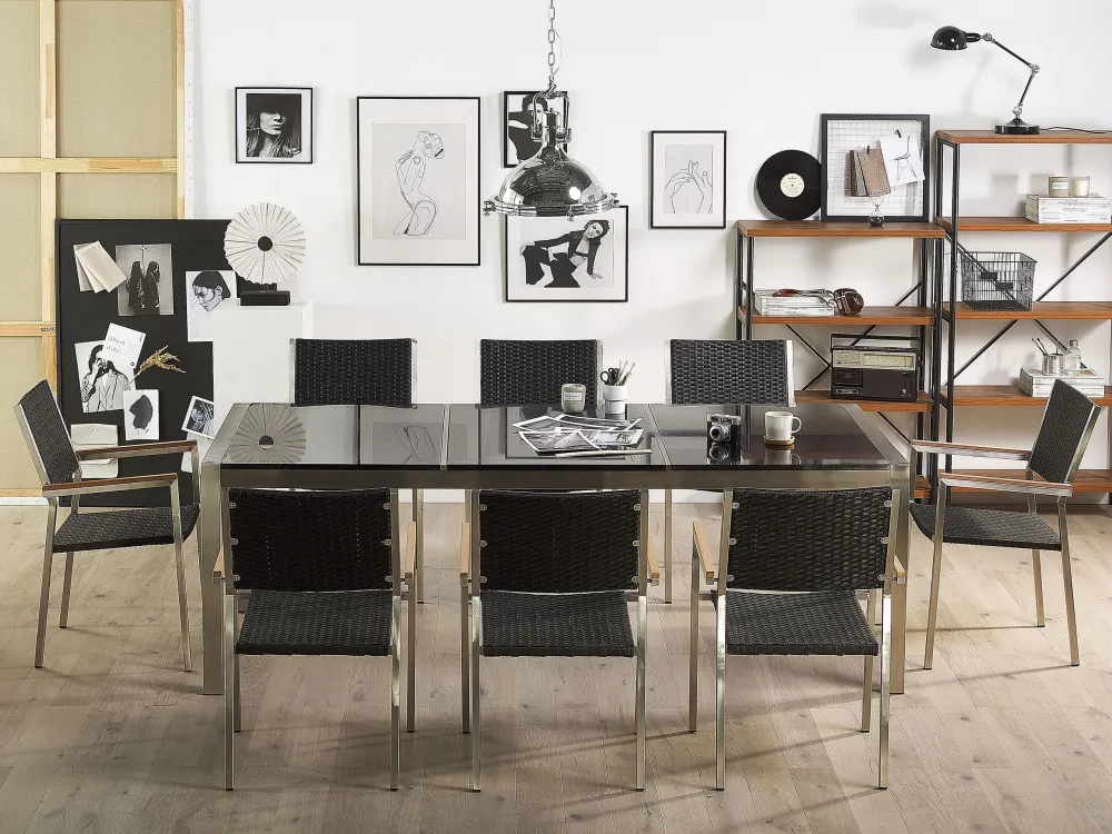 Mesa de Centro para Conjunto de mesa com tampo triplo granito polido preto 220 x 100 cm e 8 cadeiras rattan sintético GROS...