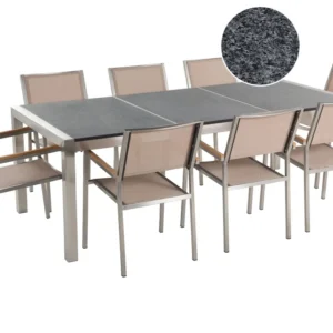 Mesa de Centro para Conjunto de mesa com tampo triplo granito polido cinzento 220 x 100 cm e 8 cadeiras creme GROSSETO