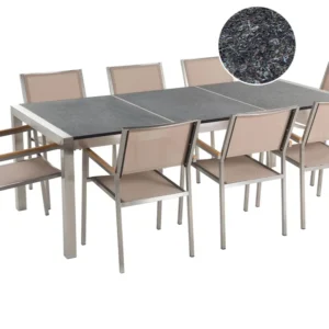 Mesa Dobrável para Conjunto de mesa com tampo triplo granito flameado preto 220 x 100 cm e 8 cadeiras creme GROSSETO