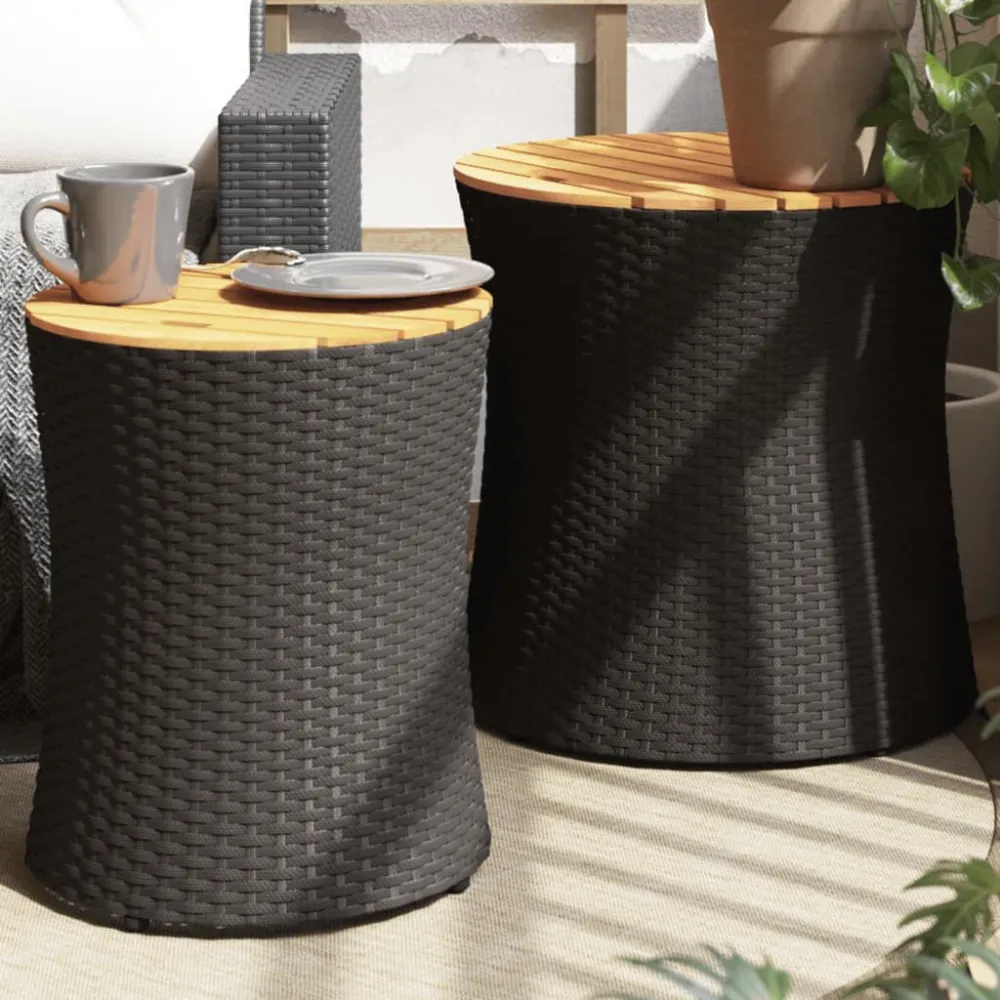 Mesa Dobrável para Mesas de apoio para jardim com tampo de madeira 2pcs vime PE preto