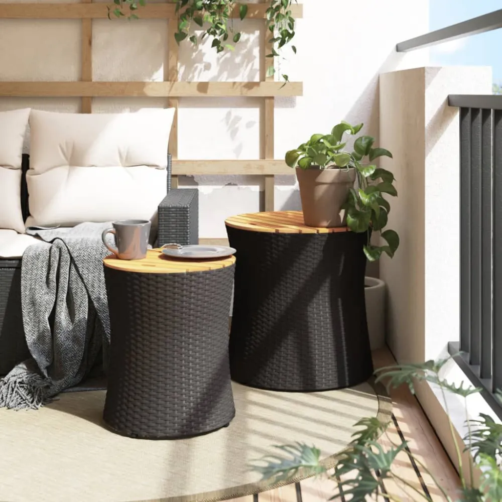 Mesa Dobrável para Mesas de apoio para jardim com tampo de madeira 2pcs vime PE preto