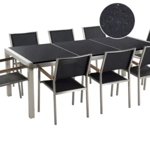 Mesa de Exterior em Conjunto de mesa com tampo triplo granito polido preto 220 x 100 cm e 8 cadeiras pretas GROSSETO