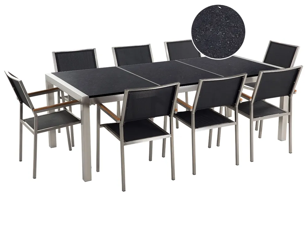Mesa de Exterior em Conjunto de mesa com tampo triplo granito polido preto 220 x 100 cm e 8 cadeiras pretas GROSSETO