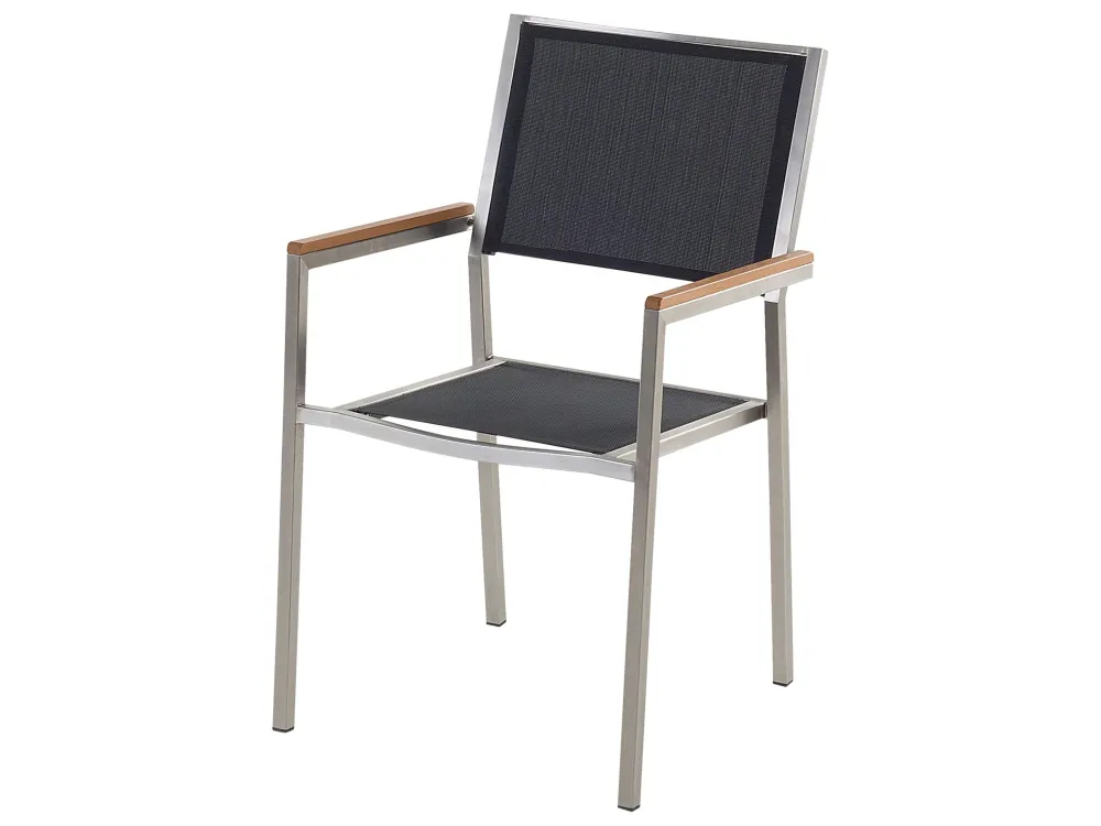Mesa de Exterior em Conjunto de mesa com tampo triplo granito polido preto 220 x 100 cm e 8 cadeiras pretas GROSSETO