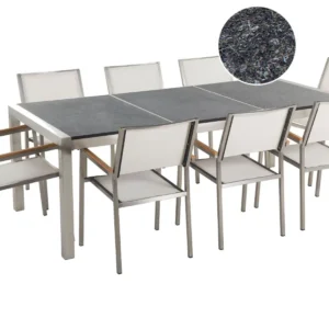 Mesa de Ferro Fundido Conjunto de mesa com tampo triplo granito flameado preto 220 x 100 cm e 8 cadeiras brancas GROSSETO