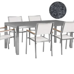Mesa de Ferro Fundido Conjunto de mesa com tampo granito polido cinzento 180 x 90 cm e 6 cadeiras brancas GROSSETO