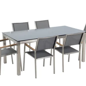 Mesa de Jardim Conjunto de mesa com tampo em vidro preto 180 x 90 cm e 6 cadeiras cinzentas GROSSETO