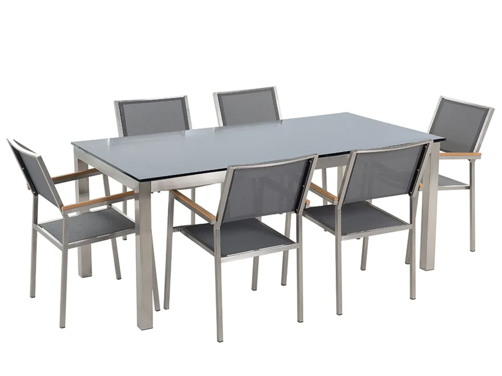Mesa de Jardim Conjunto de mesa com tampo em vidro preto 180 x 90 cm e 6 cadeiras cinzentas GROSSETO