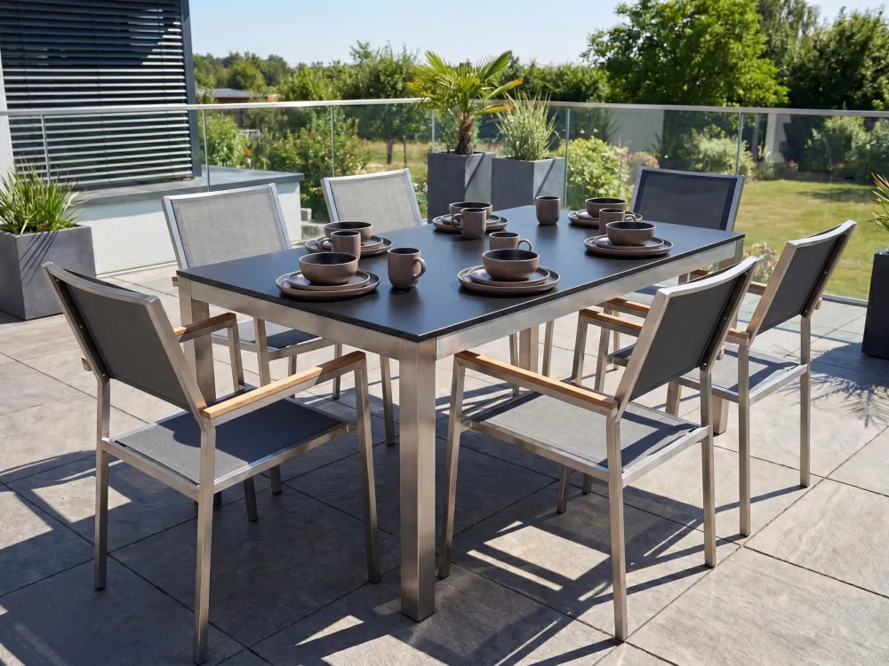 Mesa de Jardim Conjunto de mesa com tampo em vidro preto 180 x 90 cm e 6 cadeiras cinzentas GROSSETO