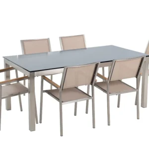 Mesa de Pátio Conjunto de mesa com tampo em vidro preto 180 x 90 cm e 6 cadeiras creme GROSSETO