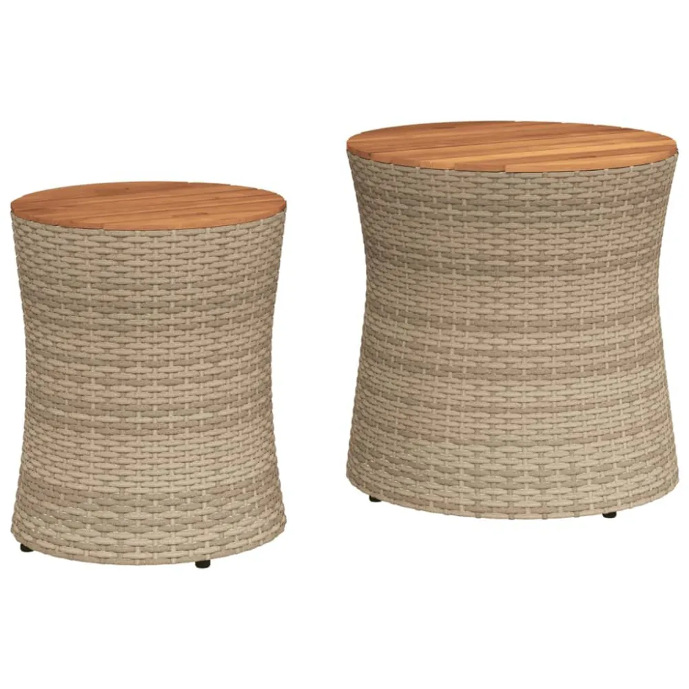 Mesas de apoio para jardim com tampo de madeira 2pcs vime PE bege com Guarda-sol Central