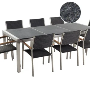 Premium para Exterior Conjunto de mesa com tampo triplo granito flameado preto 220 x 100 cm e 8 cadeiras rattan sintético...