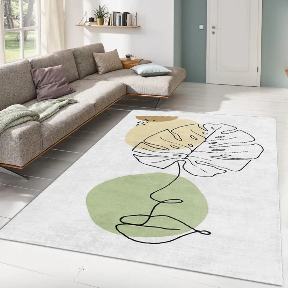Tapete Eden 160x230cm Regular Abstrato Folha Tropical e Mancha Amarela e Verde