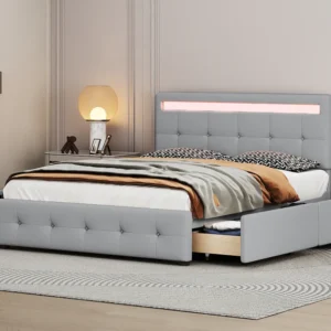 Premium Conforto Cama de casal 140 x 200 cm com cabeceira e 4 gavetas - LEDs - tecido linho - Cinza