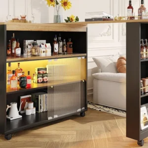 Aparador、Armário bar giratório e retrátil com LED - compartimentos e suporte para temperos - Preto