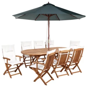 Conjunto de jardim 8 lugares em madeira de acácia clara com almofadas brancas-creme e guarda-sol MAUI II