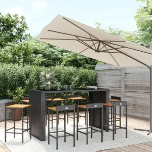 9 peças conjunto de bar para jardim vime PE/acácia maciç preto