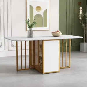 Mesa de jantar retangular 4 6 talheres com 2 prateleiras - aglomerado - pernas de metálico dourado - branco