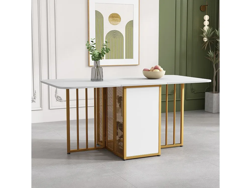Mesa de jantar retangular 4 6 talheres com 2 prateleiras - aglomerado - pernas de metálico dourado - branco