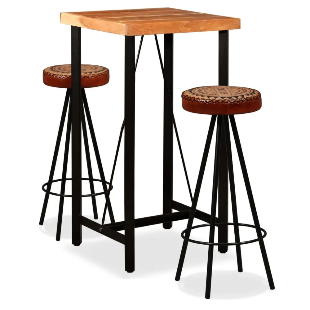 Conjunto bar 3 pcs madeira acácia maciç couro genuíno e lona