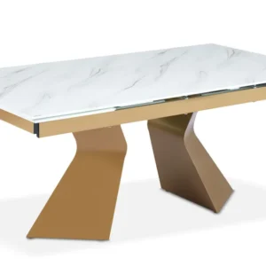 Mesa de jantar extensível Icaria em vidro com efeito mármore branco e pés dourados.